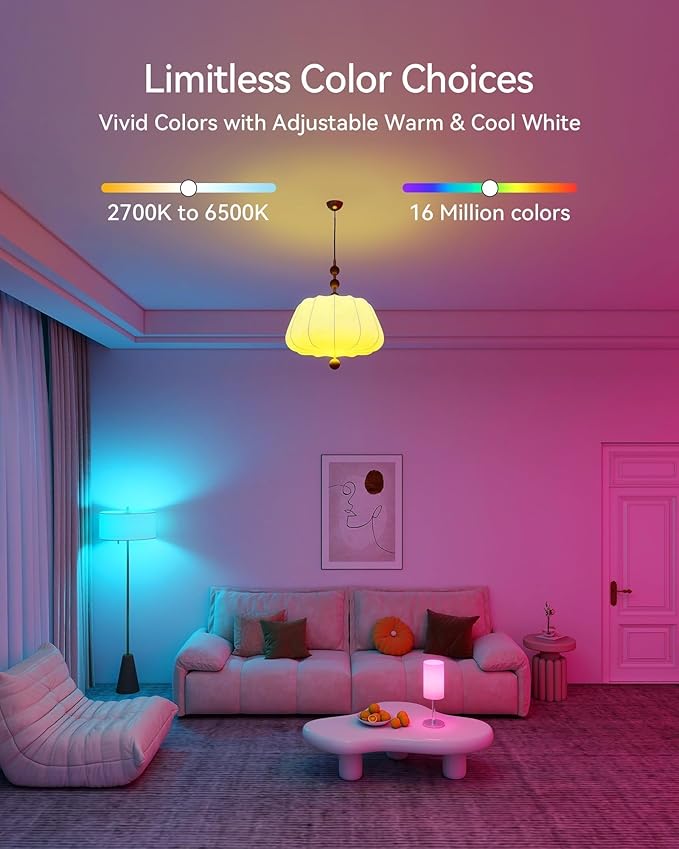 Matter Smart Light Bulbs, Color Changing Light Bulb, hub Required, A19 60W,2.4Ghz WiFi only,Compatible with Alexa Google Assistant, Apple Home,16 Million Colors RGBCW 800 Lumen,2 Pack