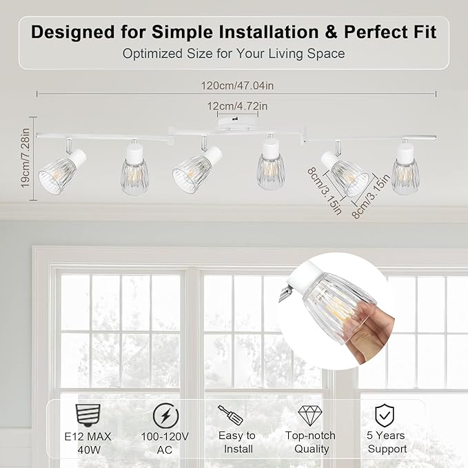 HiBay 6-Light Track Lighting, Flexible Modern Ceiling Light Fixture White w/Glass Shades, Flush Mount Ceiling Wall Track Spot Lights Indoor for Kitchen, Living Room, Bedroom, E12 Base, No Bulbs