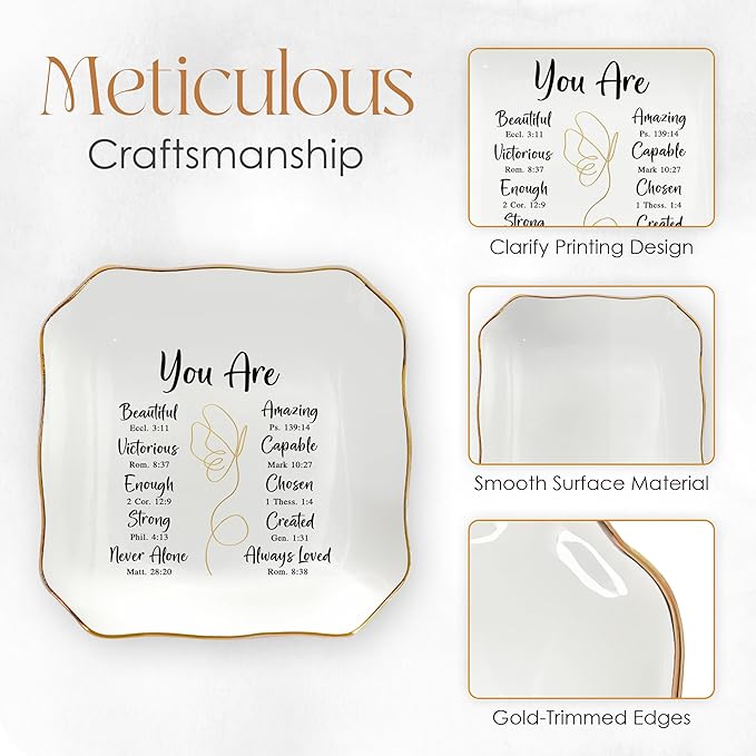 OASSIE Christian Gifts for Women Faith - You Are 4"x4" Ceramic Jewelry Dish Tray - Appreciation Inspirational Catholic Birthday Gifts for Women Friends, Wife Present Ideas, Trinket Dish Jewelry Tray