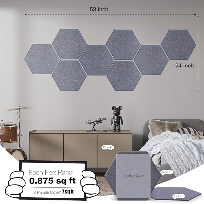 Mollywell Hexagon Acoustic Panels 14x12 - Reduce Echo & Reverb, Noise Blocking Wall Tiles for Recording Studio & Home Office, Moon Gray Sound Absorbing Panels