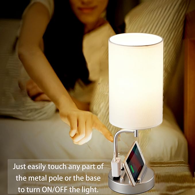 Dreamholder Touch Control USB Table Lamp, Upgraded 3-Way Dimmable Bedside Desk Lamp with USB C & A Charging Ports and AC Outlet, Nightstand Lamp for Bedroom, Dimmable Bulb Included, Silver