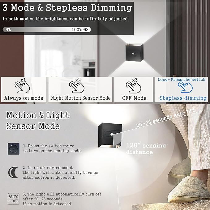 Wall Lights with Motion Sensor Indoor LED Modern Wall Lamp Brightness Adjustable Wall Sconce Recargables USB Con Batería Lighting Fixtures for Living Room Bedroom Corridor (Warm Light,White)