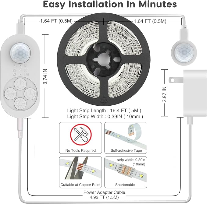 Dual Sensor Stair Lights Indoor, Double Motion Sensor Step Light Strip Plug-in Night Light For Double Bed Warm White 3000K with UL 12V Adapter, Dimmer And Timer for Stairway, Double Bed, Corridor
