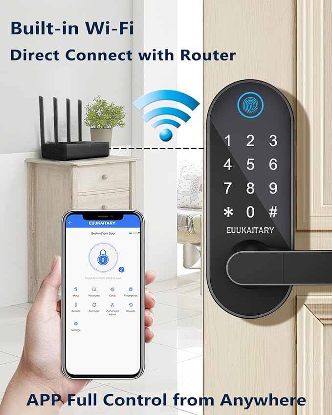Fingerprint Door Lock, Keyless Entry Door Lock, Smart Lock with Handle for Front Door and Bedroom, WiFi Remote Control, Electronic Digital Keypad with Knob, Auto-Lock