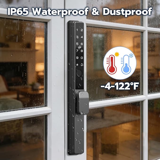 Sliding Door Lock, Smart Door Lock with Fingerprint RFID Keypad Bluetooth App Control, Electronic Biometric Digital Code with Double Hook for Thickness 22~110mm, Keyless Entry Patio Door Lock