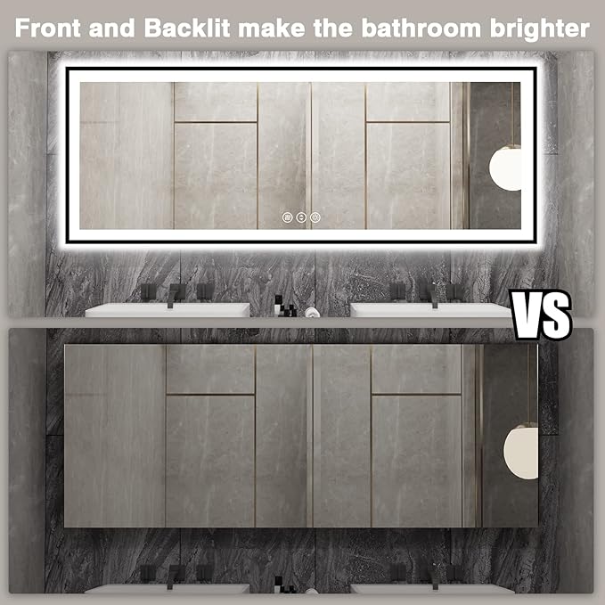 84x32 Large LED Bathroom Mirror - Black Aluminum Framed (Front and Backlit), Anti-Fog Stepless Dimmable 3 Colors Smart Lighted Vanity Mirror for Wall(Horizontal/Vertical)