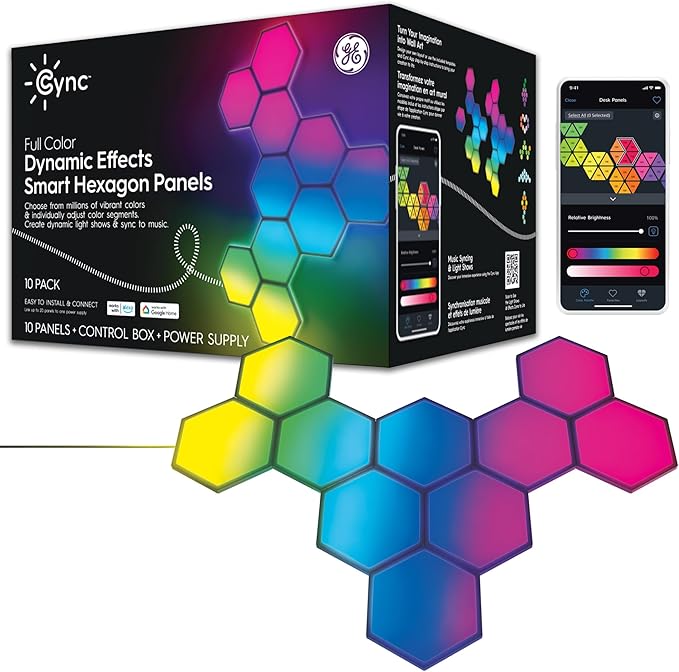Cync GE Dynamic Effects Indoor Hexagon WiFi Smart LED Color Changing Lights, Wall Light Panels for Room Décor, Gaming Setup, Music Sync LED Wall Art, Works with Alexa and Google, 10 Panels