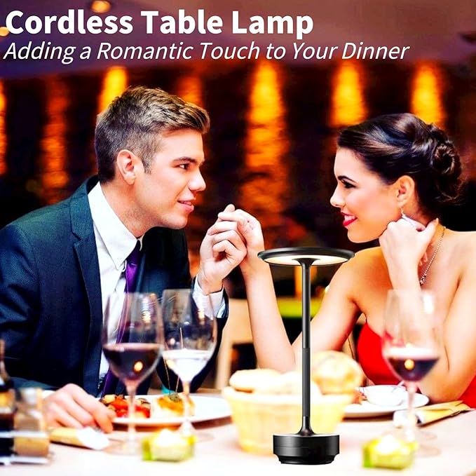 Cordless LED Table Lamp, Rechargeable Touch Control Desk Lamp Battery Operated Nightstand Night Light with Dimmable Brightness for Living Room, Home Office, Restaurant (Black)