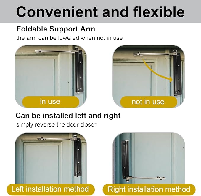 Automatic Door Closer, 150° Opening Angle Spring Self Closing Hinges Stainless Steel Soft Close Auto, Adjustable Catch Speed Latches for Commercial and Residential, Black