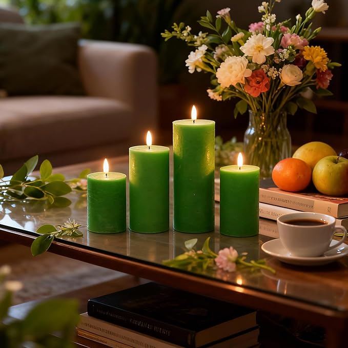 Green Flameless Candles, 4 Pack Battery Operated Candles for St. Patrick’s Day, Real Wax LED Fake Candles for Spring Decor Party Centerpiece Green