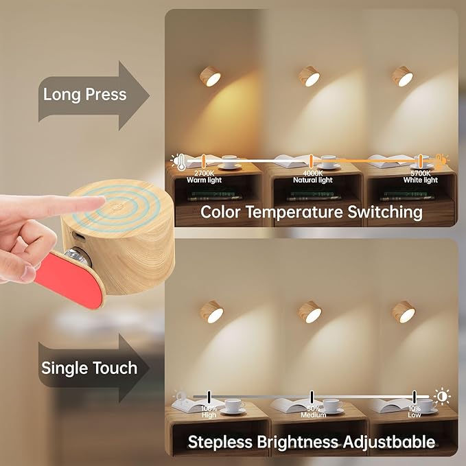 Koopala 2PACK LED Wall Lamps with Rechargeable Battery Operated, Wall Mounted Lights with 3 Brightness 3 Color Temp Removable Charging 360°Rotate Magnetic, Cordless Wall Sconces for Reading Bedside