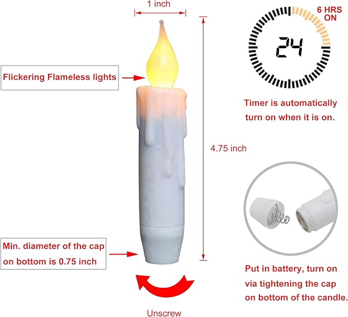 CVHOMEDECO. Flickering Taper Candles LED Drip Flameless Candles, Battery Operated with Timer, White, 4-3/4 Inch, Set of 2