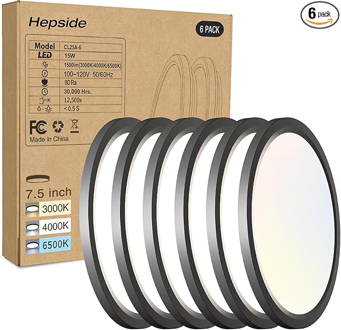 6PACK LED Flush Mount Ceiling Light, 3CCT Selectable 3000K-4000K-6500K & 100W Equivalent Disc Closet Ceiling Light Fixture 7Inch 15W 1500Lm for Bathroom Hallway Bedroom Kitchen Basement(NOT-Dimmable)