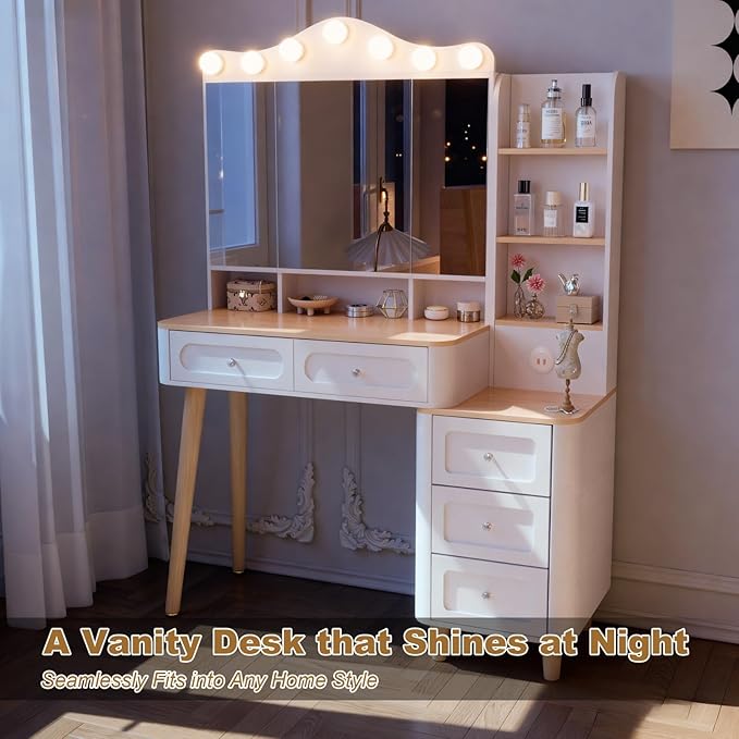 Vanity Desk with Mirror and Lights,Makeup Vanity with 2 USB Power Strip,Vanity Set with Two Drawers and Three-drawer Chest, 3 Lighting Modes Adjustable Brightness, Foldable Three-sided Mirror(White)