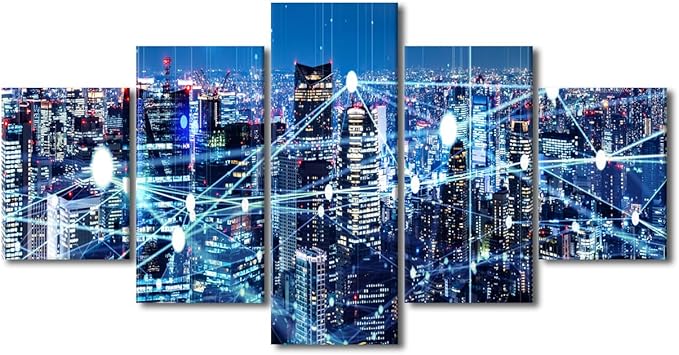 Canvas Wall Art Modern Home Decoration Artwork 5 Panel Wireless Network Poster Smart City Picture Printing Internet Workers Office Wall Art Decorate Frame and Stretched Ready to Hang 60x32 Inch