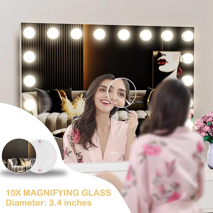 Vanity Mirror with Lights USB+Type-C Charging, 32WX24L Tabletop Hollyhood Makeup Mirror, Hollywood Lighted Mirror with 18 Dimmable LED Bulbs,3 Colors Modes,Touch Control, Gold