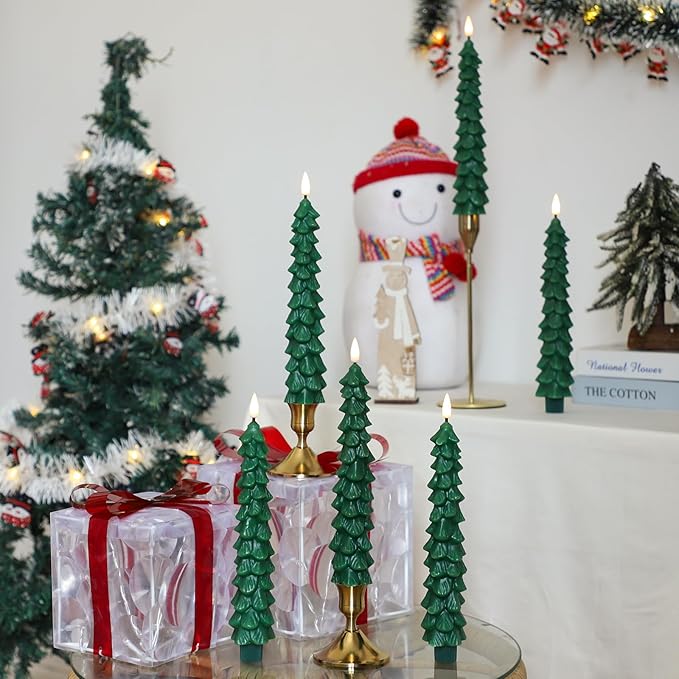 Lezonic 6Pcs Flameless Christmas Tree Candles with Remote Timer, LED Taper Candles Battery Operated Flickering Flame, 10 Inches Green Real Wax Window Candlesticks for New Year Xmas Decorations