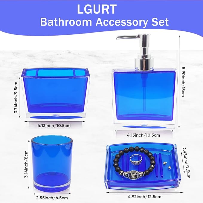4-Piece Serene Blue Acrylic Bathroom Accessories Set — Soap Dispenser, Toothbrush Holder, Soap Dish & Mouthwash Cup, Vanity Countertop Organizer for Blue Coastal Bathroom Decor