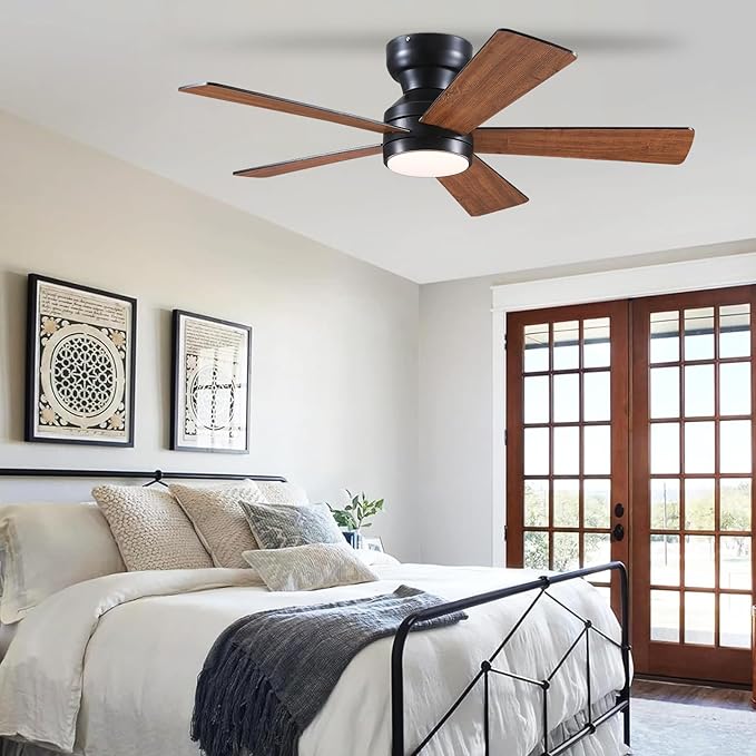 Ceiling Fans with Lights Flush Mount - 46in Low Profile Ceiling Fan Remote Control with 5 Dual-Sided Blades, Reversible 6 Speeds, Dimming & 2H Timing, Indoor Fan Light for Bedroom, Kitchen