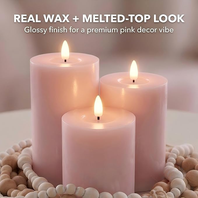 Pink Flameless Candles with Remote and Timer, Real Wax LED Pillar Candles for Living Room Decor, Battery Operated Fake Candles for Bedroom Bathroom Shelf Wedding Home Decor Valentines Day Decorations