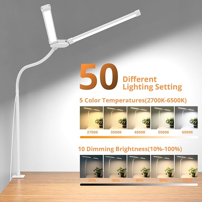 Desk Lamp with Clamp, with 5V 2A Adapter, LED Desk Lamp with Dual Head, 50 Light Modes, Computer Monitor Flexible Neck Lamp, Eye Protection Desk Lamps for Study, Office, Crafts, Draw(White)