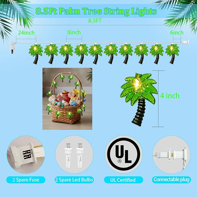 8.5Ft Palm Tree Lights Outdoor, Patio Lights String with 10 LED Summer Beach Themed Lights for Indoor Bedroom Tiki Party Decor, White Wire