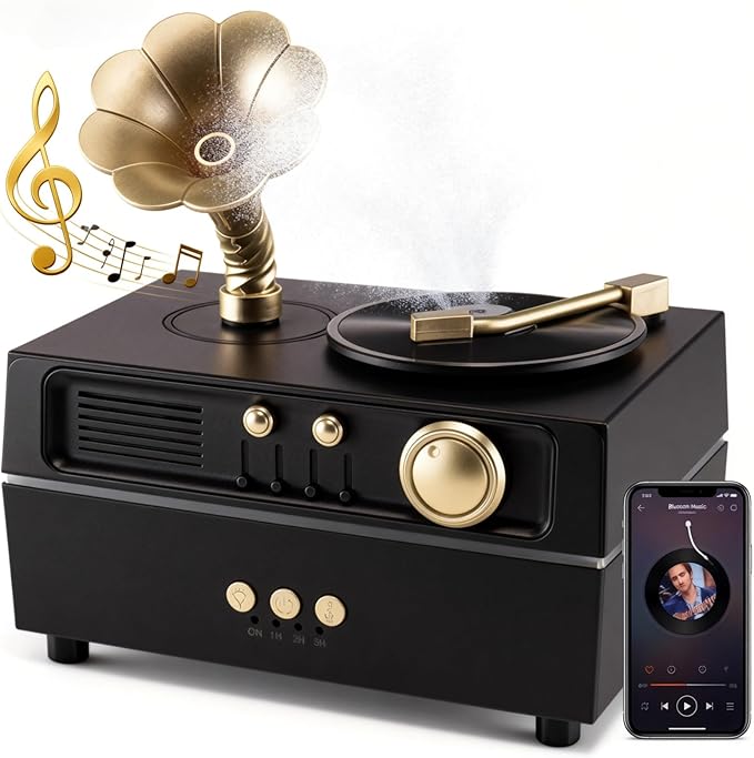 Daroma Essential Oil Diffuser, Retro Phonograph Design with Music Player, 7-Color LED Lights, Low-Noise Aromatherapy Humidifier for Home Office, Unique Gift Idea (Black)