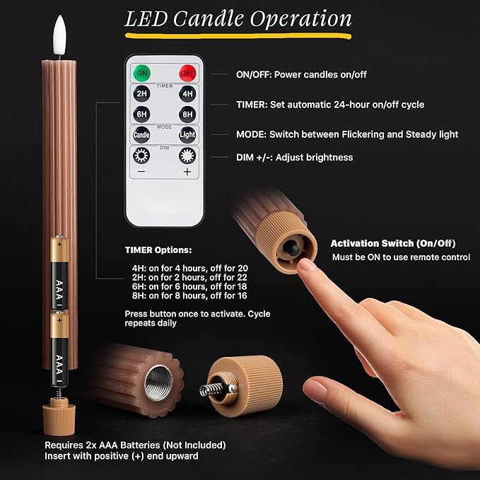 WYZworks 10" Fluted Ribbed LED Brown Tan Grooved Pillar Candles with 2 Remotes & 24h Timer Memory, On/Off Switch - Flameless Dimmable Battery Operated w/Flicker Mode, Home Wedding Decor (12 Pack)