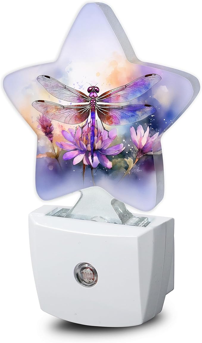 Dragonfly Flower Night Light,Watercolor Plug-in Star Night Lights with Dusk-to-Dawn Sensor for Bedroom,Bathroom,Living Room Sleep Friendly Lamp for Women Girls Boys Gift,0.5W