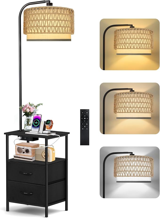 Floor Lamp with Table, 2 Drawers & Rattan, Side End Table with Charging Station, Dimmable Nightstand with 3 Color Temperature, 1-Hour Timer, 12W LED Bulb, for Living Room, Bedroom(Black)