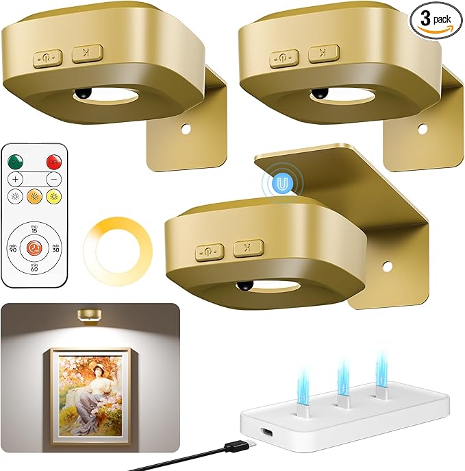 Picture Lights for Wall with Charge Station, 3 Pcs Rechargeable Magnetic Poster Lights with 3 Color Temperatures, Dimmable Timer Painting Wall Decor Light for Art Display, Frame (Gold)