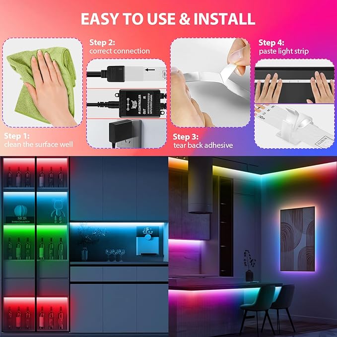 LED Strip Lights 65.6Ft(2 Rolls of 32.8ft), Dimmable 5050 RGB Color Changing Lights Strip with 40 Key IR Remote Controllers, Self-Adhesive Flexible 12V Bright LED Tape Light Kit for Home Party Holiday