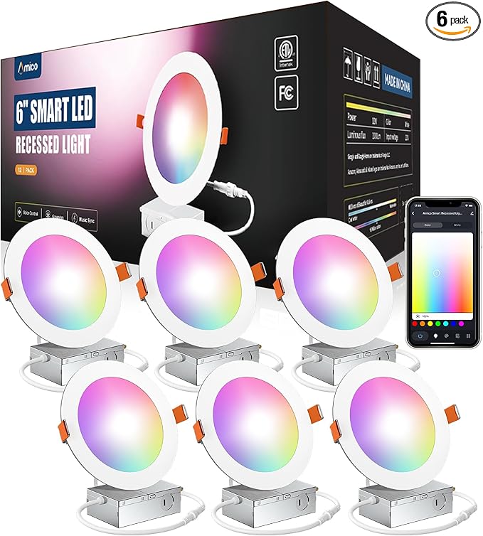 Amico 6 Pack 6 Inch Smart LED Recessed Lighting, WiFi Canless Downlight with Junction Box, RGB & 2700-6500K Color Changing, 12W=110W 1000LM, Voice&Remote&Group Control