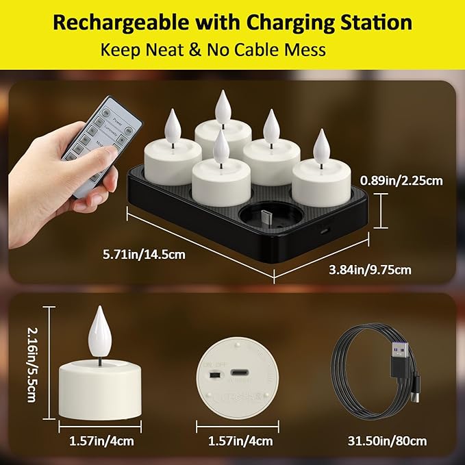 Yme Flameless Candles with Remote Timer and Charging Base, 6 Pack Rechargeable LED Battery Operated Flickering Flameless Candle, Electric Tea Lights Votive Candles for Home Wedding Party Holiday Decor