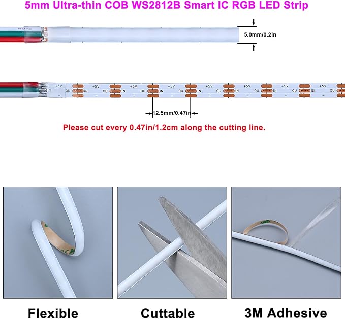 TOPAI 5mm Ultra Thin WS2812B COB LED Strip 16.4ft DC5V Smart IC RGB Individual Addressable Dream Color 160LED/M Flexible Light Tape for Gaming Room/Home Theater