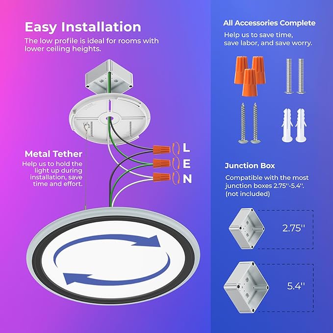 BLNAN RGB Led Flush Mount Ceiling Light with Remote Control, 13Inch 24W 2400LM 3000K-6500K Dimmable Color Changing Wired Light Fixture, Colorful for Bedroom Kids Room Party Festival, Black