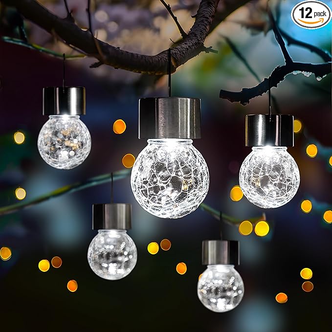 Solpex 12 Pack Hanging Solar Lights Outdoor,Solar Outdoor Lights Decorative, Solar Powered Waterproof Lights, Hanging Globe Light for Garden, Yard, Patio, Lawn, Flower Bed(Cold White)