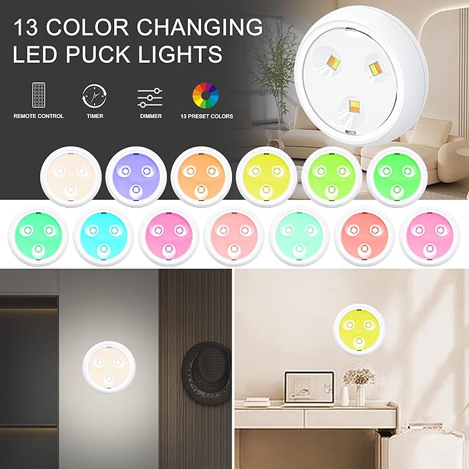 LED Lights with Wireless Remote, 13 Color RGB - for Closet, Under Cabinet,Bedroom Wall, Battery Powered Puck Lights. Convenient 3M Stick On