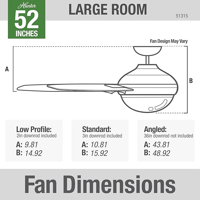 Hunter 52 inch Indoor Ceiling Fan with LED Light and Remote Control - Silver Modern Smart Ceiling Fan, Standard Mount, 5 Blades, For Bedroom, Living Room, or Kitchen - Aerodyne 51315, Matte Silver