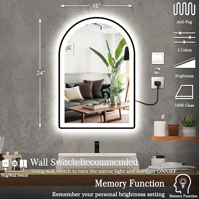 16 x 24 Inch Black LED Arch Mirror with Lights Black Frame Arched LED Vanity Mirror for Bathroom Wall Makeup Desk Black Framed Arch Lighted Mirror 3Color AntiFog 24" Arch Smart Light up Mirror
