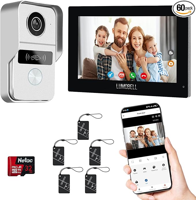 2-Wired Video Intercom System with 7 inch Touch Screen, Timbre con cámara & 140° Wide Angle, Video Recording, Tuya app Remote Control, Playback, Motion Detection, for Villa Apartment House