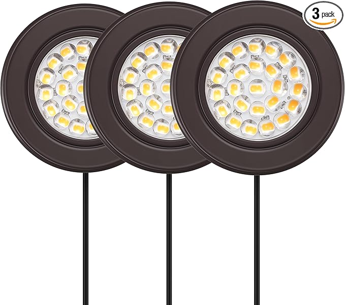 GETINLIGHT 2.5" Wide 3000K Dimmable LED Puck Lights Kit, Plug-in Installation with Recessed or Surface Mounted, Bronze Finish Over Metal Construction, Set of 3, IN-0113-3-BZ