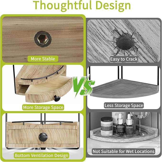 2-Tier Corner Bathroom Countertop Organizer with Drawer, Wooden Vanity Organizers for Makeup and Skincare Storage, Corner Counter Shelf with Embedded Screw Holes, Light Brown
