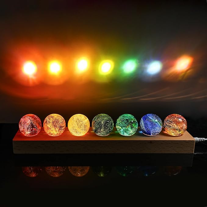 YU FENG 7 Colors 40mm/1.6in Glass Ball Night Light for Meditation with LED Wooden Base 7 Chakra Natural Healing Spheres Decorative Balls