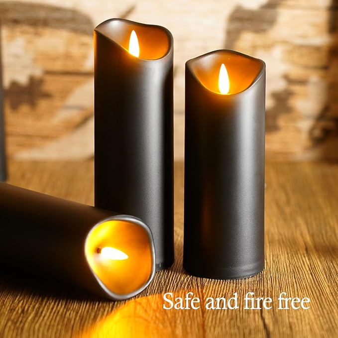 Flickering Flameless Candles, Battery Operated Plastic LED Pillar Candles with Remote Control and Timer, Set of 9 (Black)
