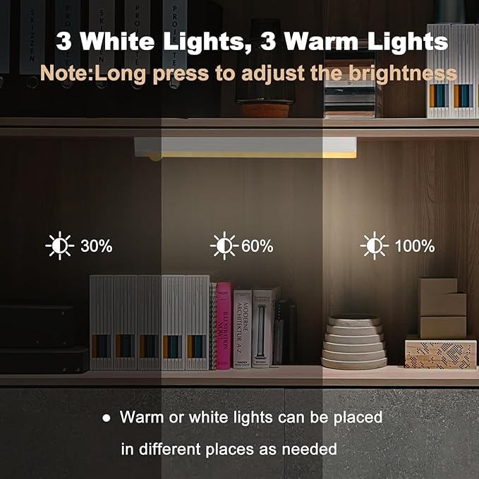 6 Pack Motion Sensor Under Cabinet Light, Magnetic Rechargeable 2 Color Under Counter Light, 8 Inch LED Closet or Stair Bedroom Cupboard