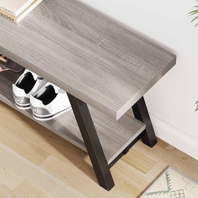 LVB Industrial Entryway Bench, Wood and Metal Storage Bench, Indoor Farmhouse Hallway Accent Entry Bench for Seating Sitting, Shoe Rack Organizer Cabinet in Foyer Bedroom, Light Grey Oak, 47 Inch Long