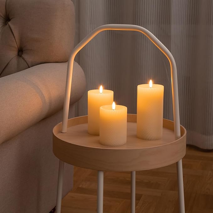 Flickering Flameless Candles with Remote, Real Wax Battery Operated Candles with Timer, Ivory LED Pillar Candles for Wedding/Christmas/Home Decor,Set of 3(Threaded Style)