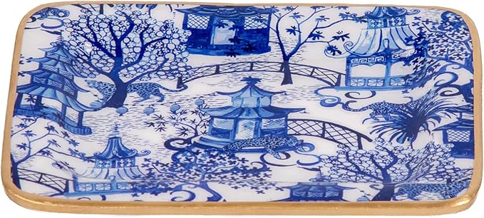 Jaye’s Studio Garden Party Decorative White and Blue Soap Dish for Bathroom, Enamel Tray, Vanity Tray for Dresser, Countertop, Sink Soap Tray for Desk, Jewelry Tray Gold, Key Plate, Chinoiserie Decor