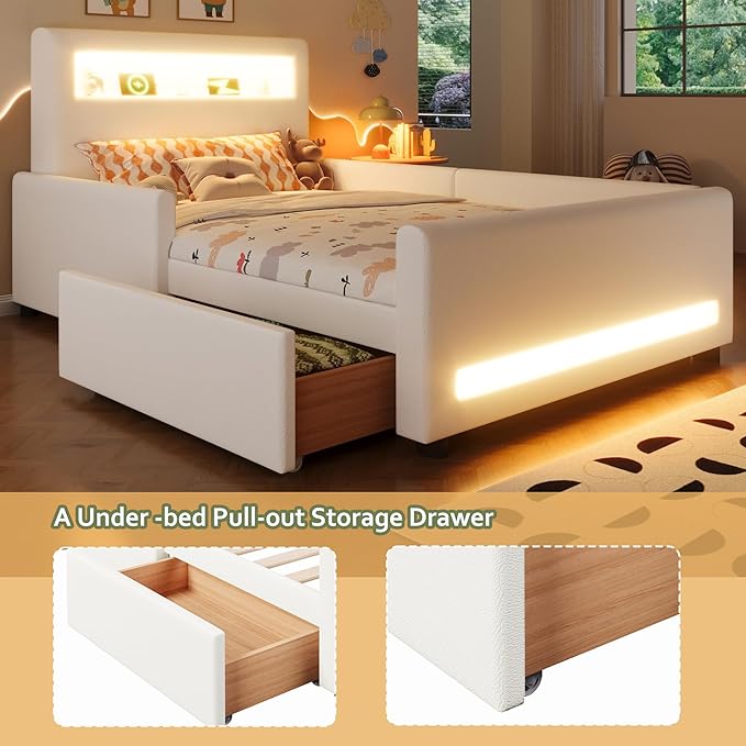 MERITLINE Twin Size Upholstered Platform Bed with Drawer, App-Controlled RGB LED Light Strip & USB Port, PU Fabric Storage Bed (White) | LED light, Storage Drawer